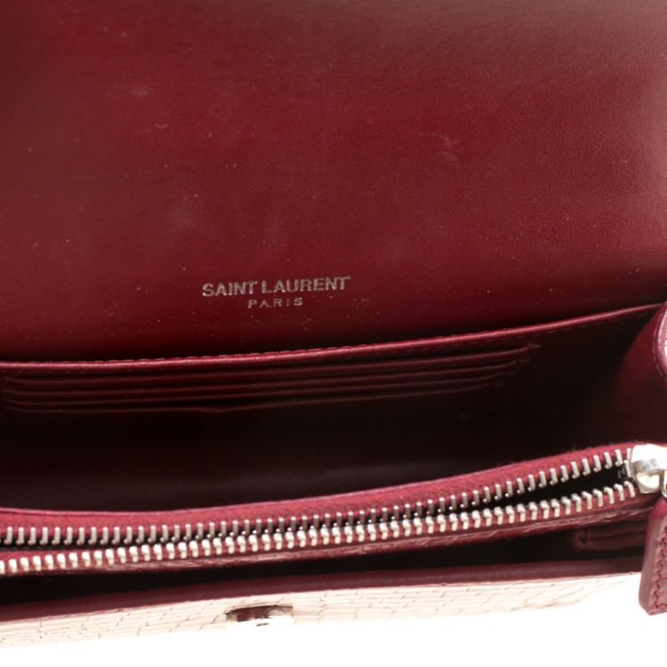 Pre Owned  Saint Laurent Burgundy Croc Embossed Leather Sunset Shoulder Bag