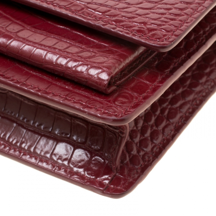Pre Owned  Saint Laurent Burgundy Croc Embossed Leather Sunset Shoulder Bag