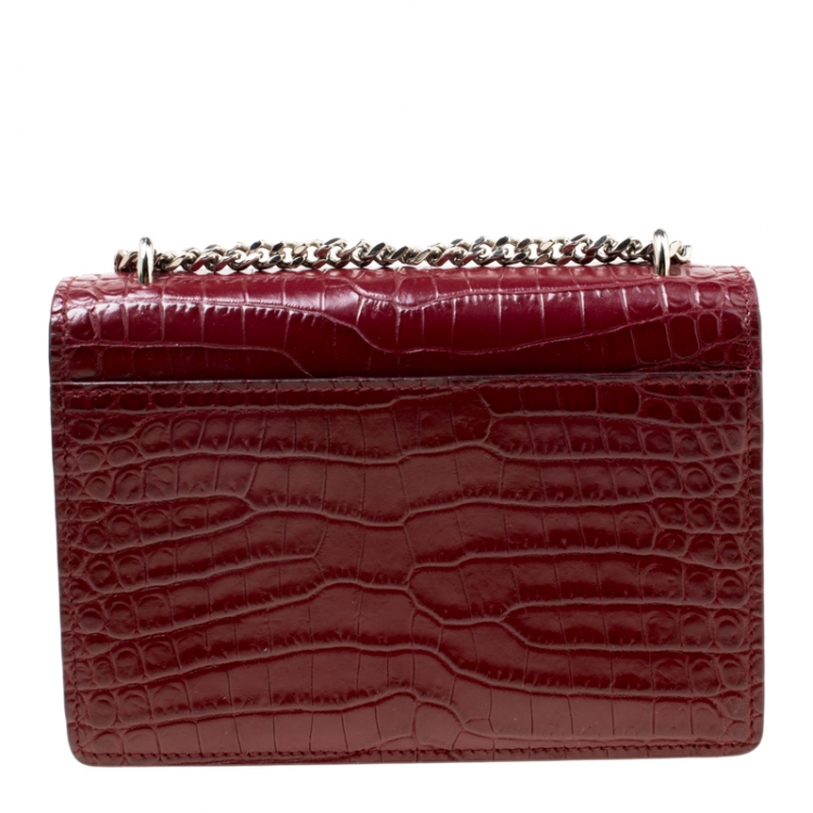 Pre Owned  Saint Laurent Burgundy Croc Embossed Leather Sunset Shoulder Bag