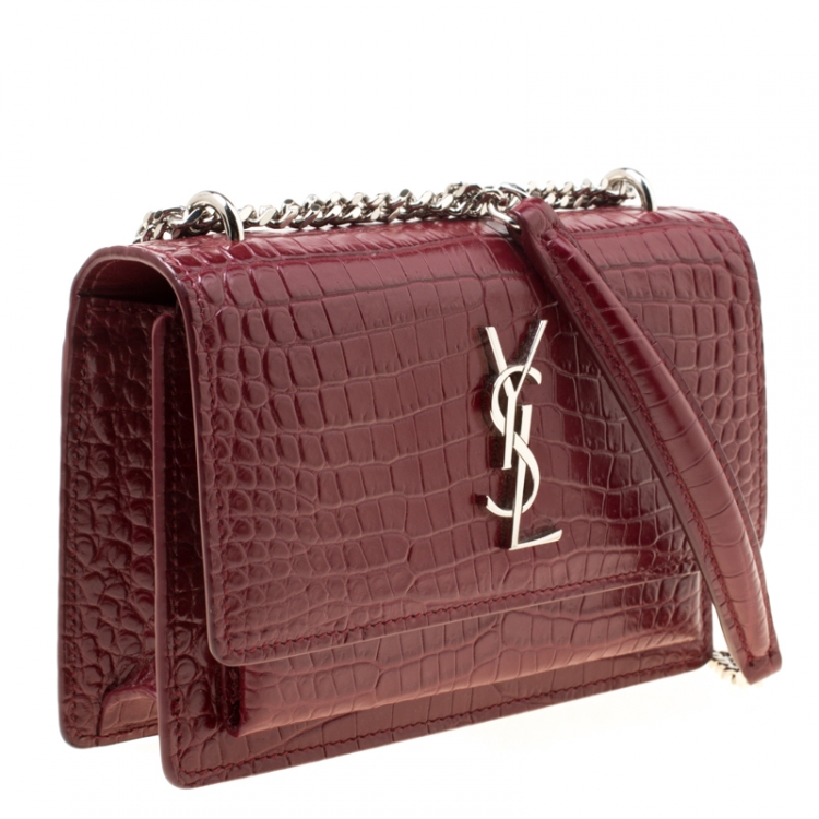 Pre Owned  Saint Laurent Burgundy Croc Embossed Leather Sunset Shoulder Bag