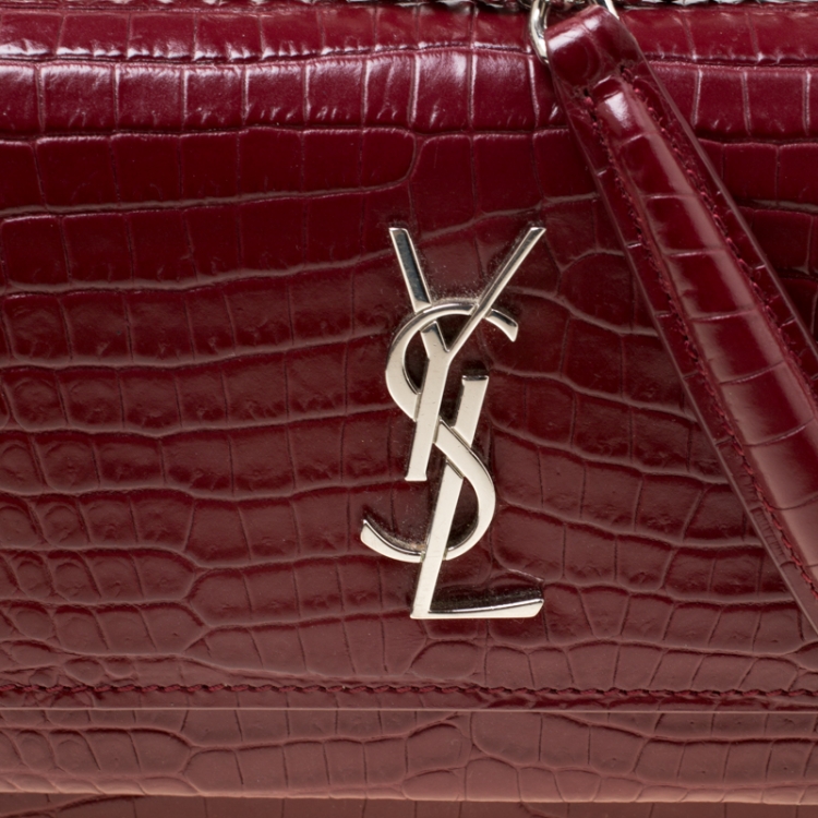 Pre Owned  Saint Laurent Burgundy Croc Embossed Leather Sunset Shoulder Bag