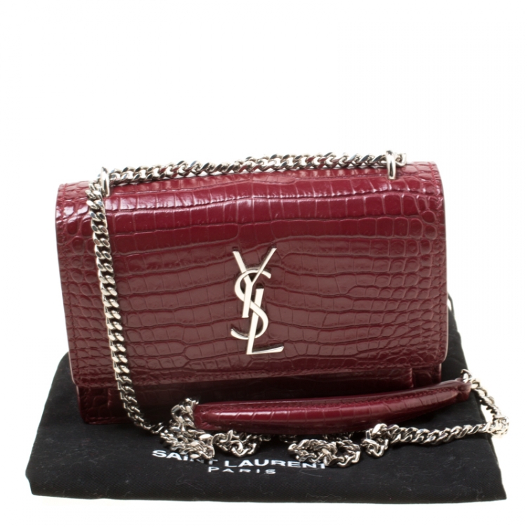 Pre Owned  Saint Laurent Burgundy Croc Embossed Leather Sunset Shoulder Bag