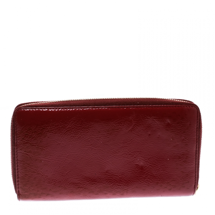 Pre Owned Saint Laurent Burgundy Patent Leather Bell De Jour Zip Around Wallet