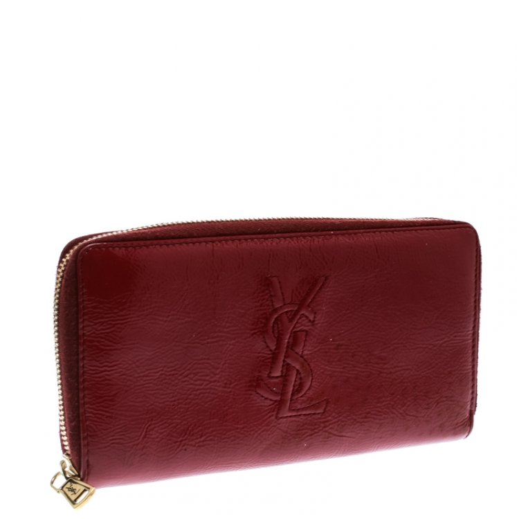 Pre Owned Saint Laurent Burgundy Patent Leather Bell De Jour Zip Around Wallet