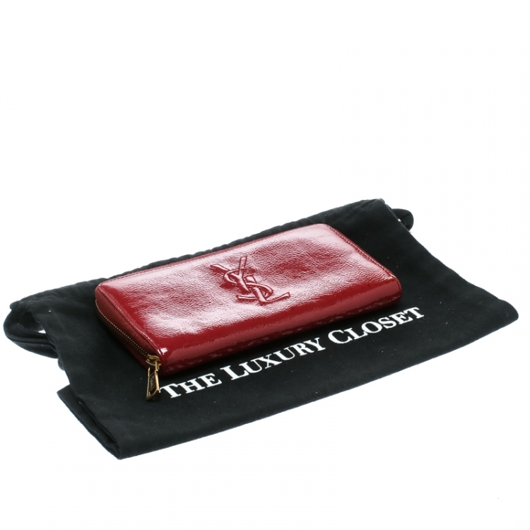 Pre Owned Saint Laurent Burgundy Patent Leather Bell De Jour Zip Around Wallet