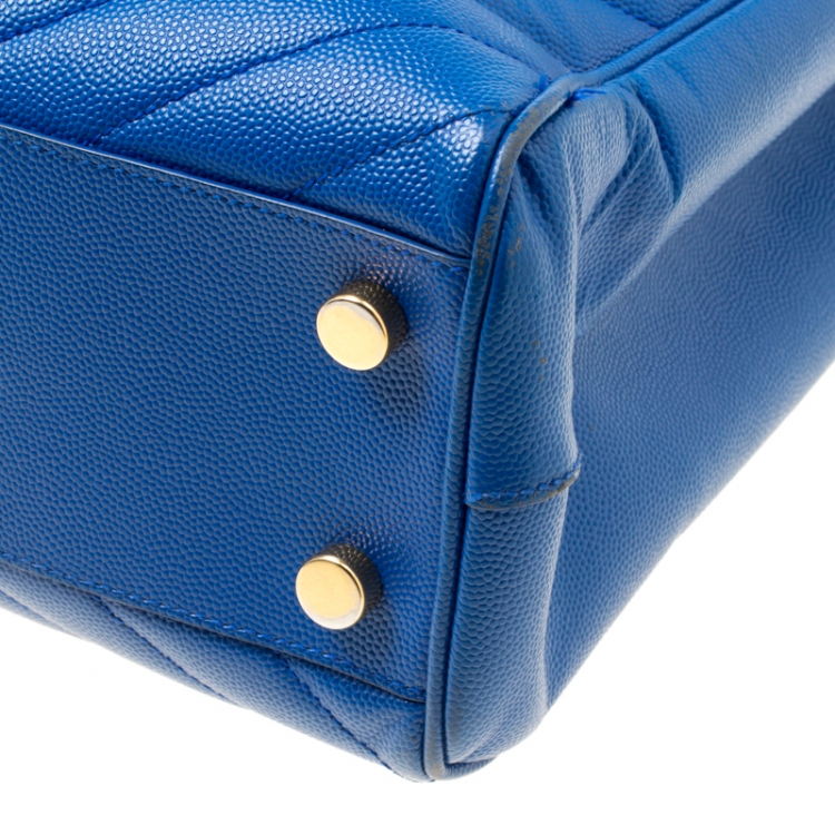 Pre Owned Saint Laurent Blue Matelasse Leather Cassandre Tote
