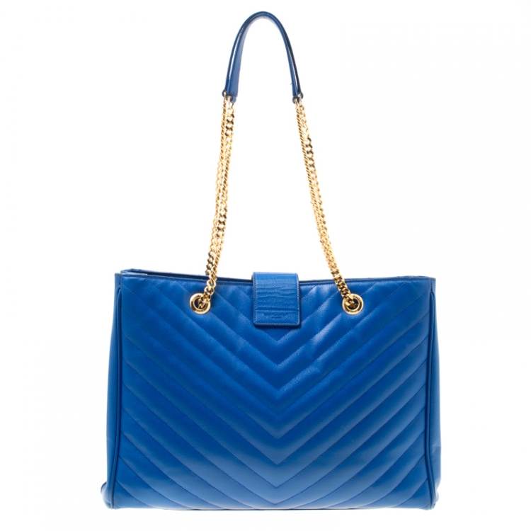 Pre Owned Saint Laurent Blue Matelasse Leather Cassandre Tote