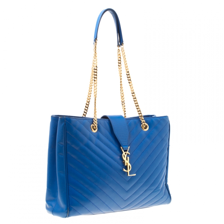Pre Owned Saint Laurent Blue Matelasse Leather Cassandre Tote