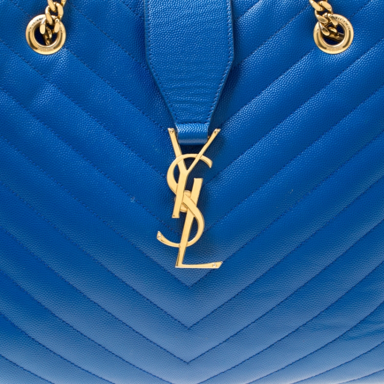 Pre Owned Saint Laurent Blue Matelasse Leather Cassandre Tote