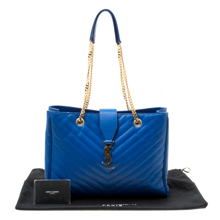 Pre Owned Saint Laurent Blue Matelasse Leather Cassandre Tote