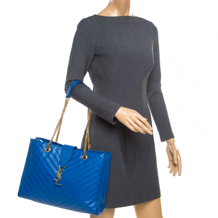 Pre Owned Saint Laurent Blue Matelasse Leather Cassandre Tote