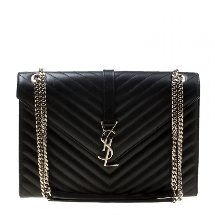 Pre Owned Saint Laurent Black Matelasse Leather Large Cassandre Flap Bag