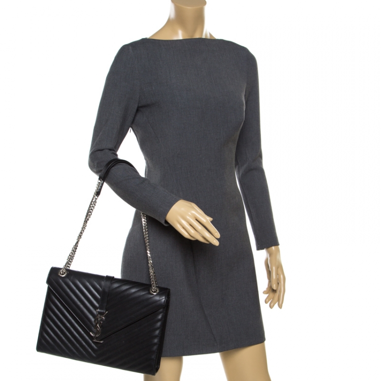 Pre Owned Saint Laurent Black Matelasse Leather Large Cassandre Flap Bag