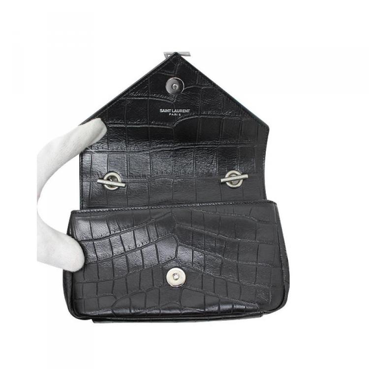 Pre Owned Saint Laurent Paris Black Croc Embossed Leather Classic Baby Monogram Chain Bag