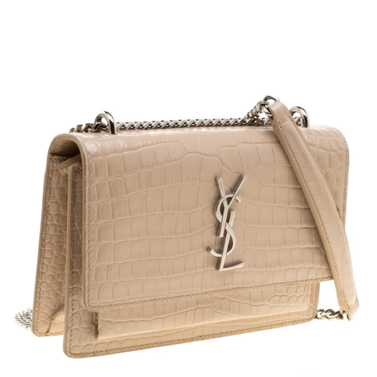 Pre Owned  Saint Laurent Beige Croc Embossed Leather Sunset Shoulder Bag