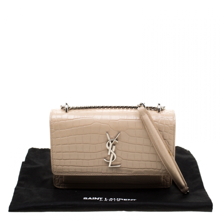 Pre Owned  Saint Laurent Beige Croc Embossed Leather Sunset Shoulder Bag
