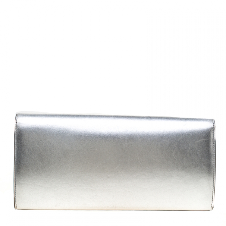 Pre Owned Saint Laurent Silver Leather Monogram Cassandre Clutch