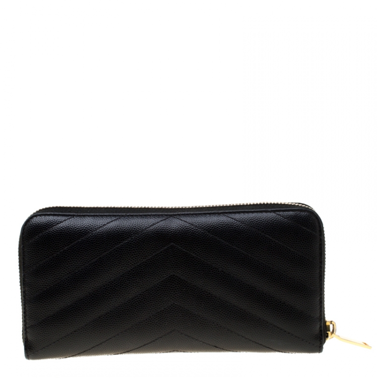 Pre Owned Saint Laurent Black Leather Monogram Zip Around Wallet