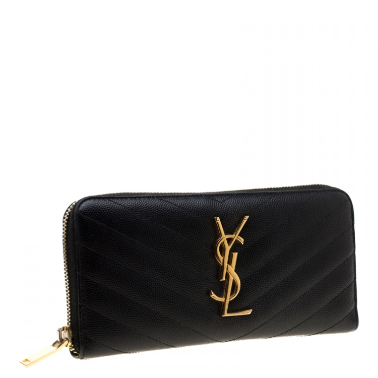 Pre Owned Saint Laurent Black Leather Monogram Zip Around Wallet
