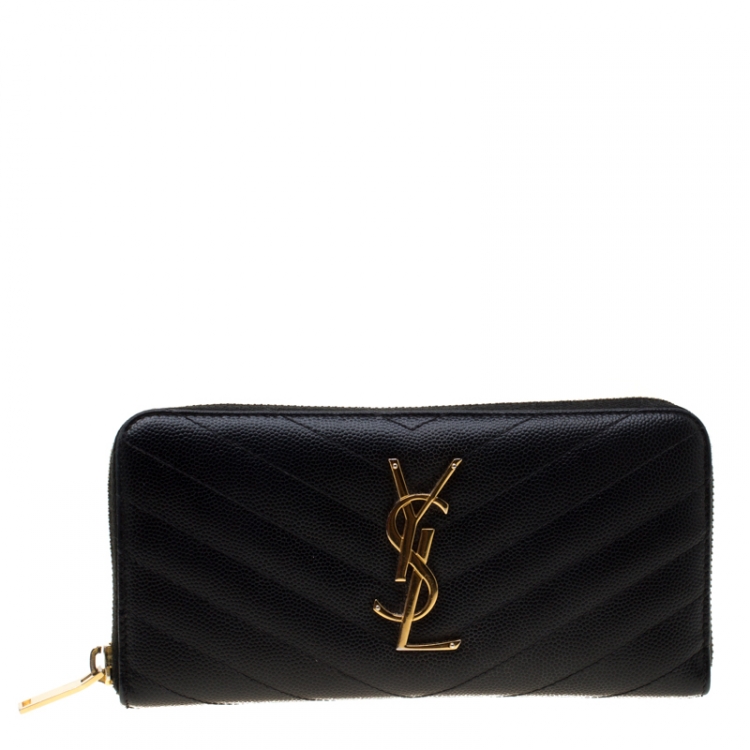 Pre Owned Saint Laurent Black Leather Monogram Zip Around Wallet