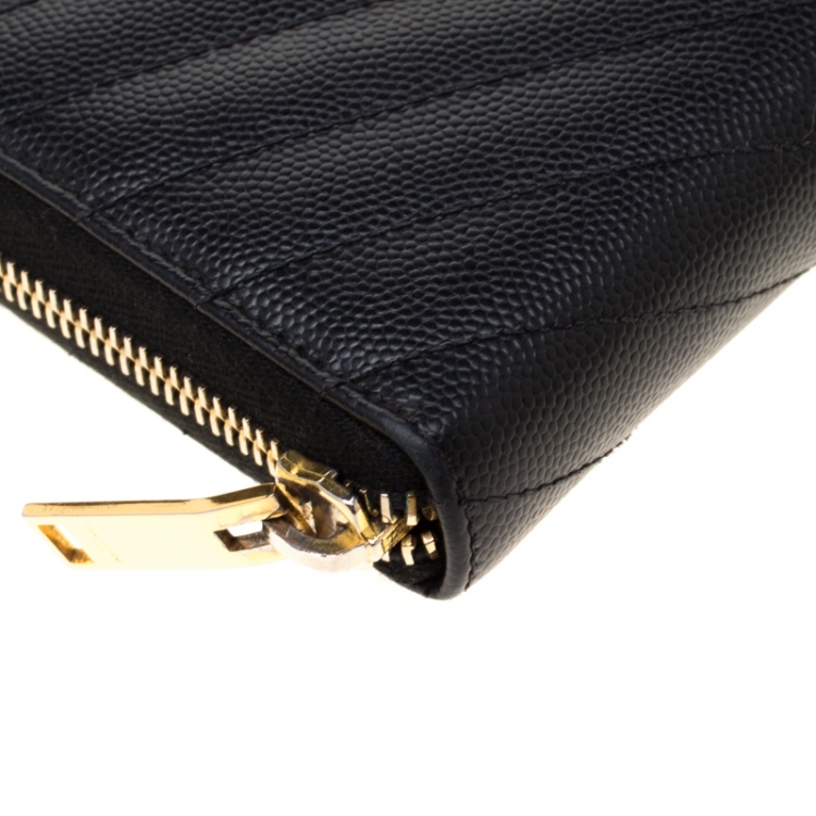 Pre Owned Saint Laurent Black Leather Monogram Zip Around Wallet