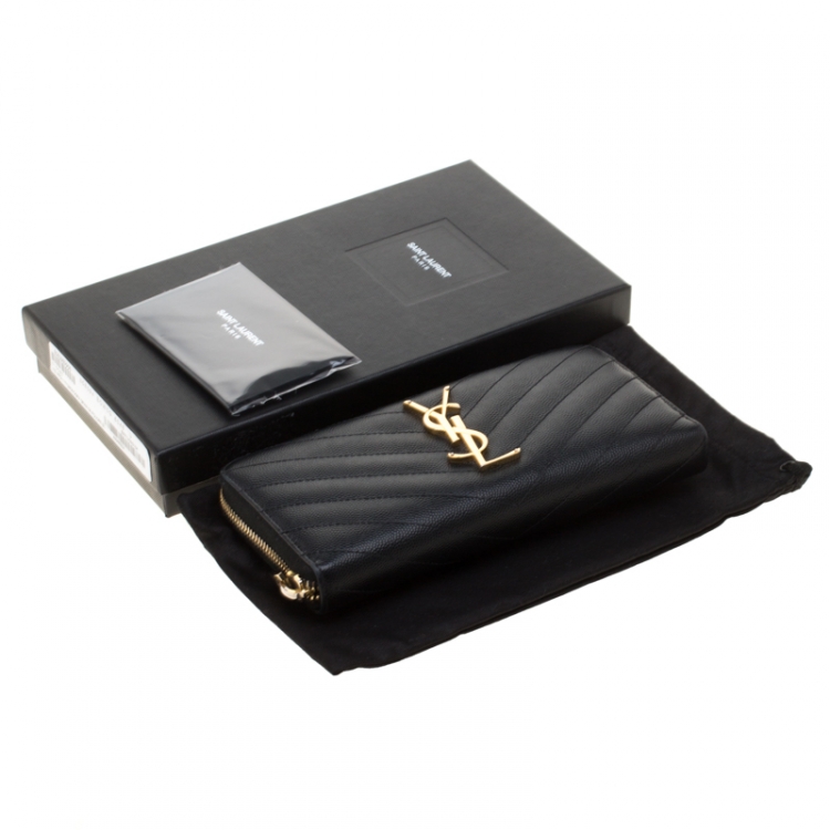 Pre Owned Saint Laurent Black Leather Monogram Zip Around Wallet