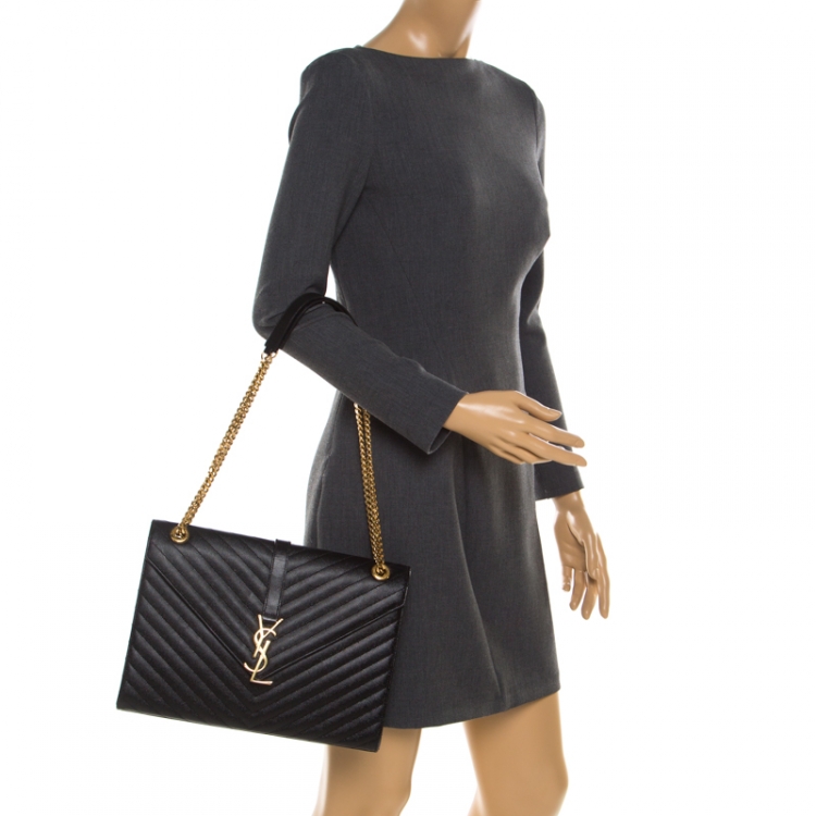 Pre Owned Saint Laurent Black Leather Monogram Envelope Shoulder Bag