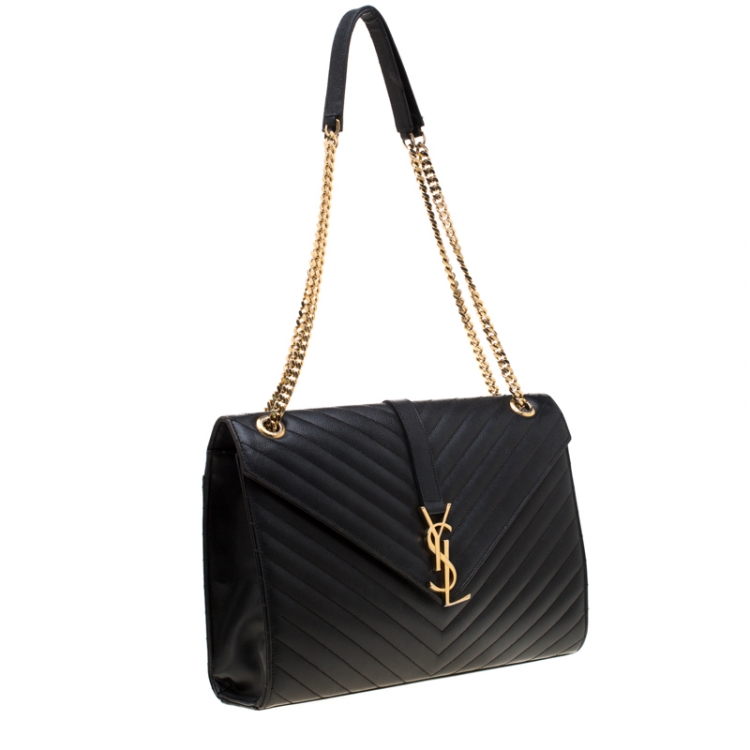 Pre Owned Saint Laurent Black Leather Monogram Envelope Shoulder Bag