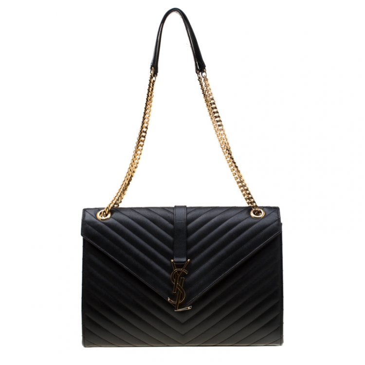 Pre Owned Saint Laurent Black Leather Monogram Envelope Shoulder Bag