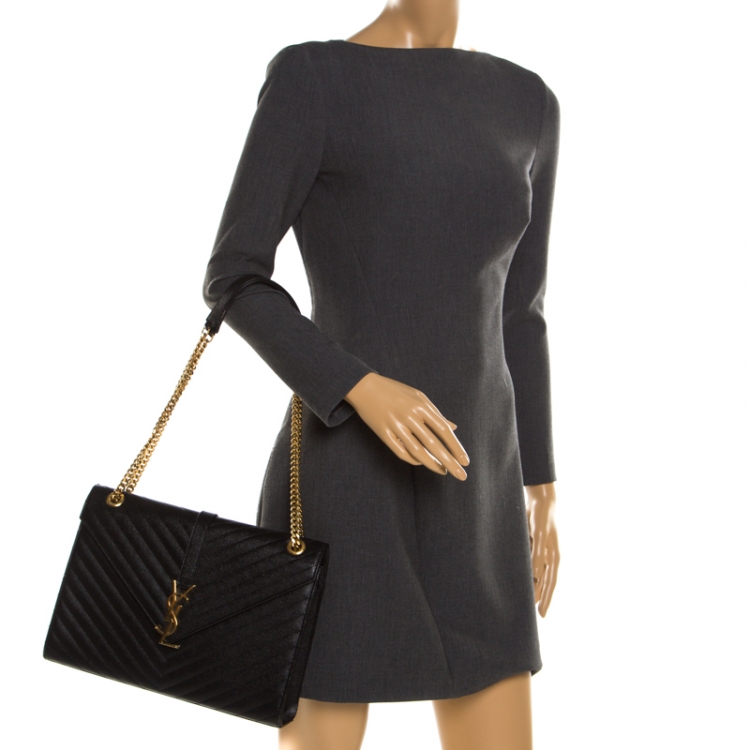 Pre Owned Saint Laurent Black Matelasse Leather Large Cassandre Flap Bag