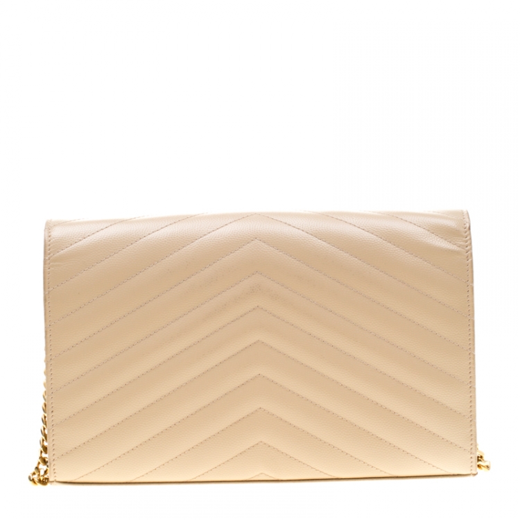 Pre Owned Saint Laurent Beige Leather Monogram Envelope Wallet-On-Chain