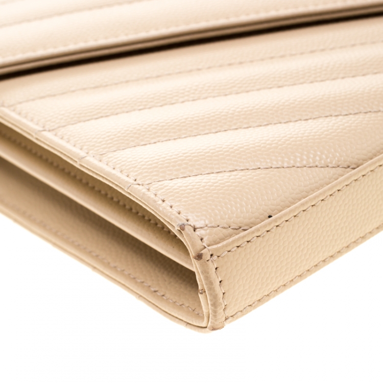 Pre Owned Saint Laurent Beige Leather Monogram Envelope Wallet-On-Chain