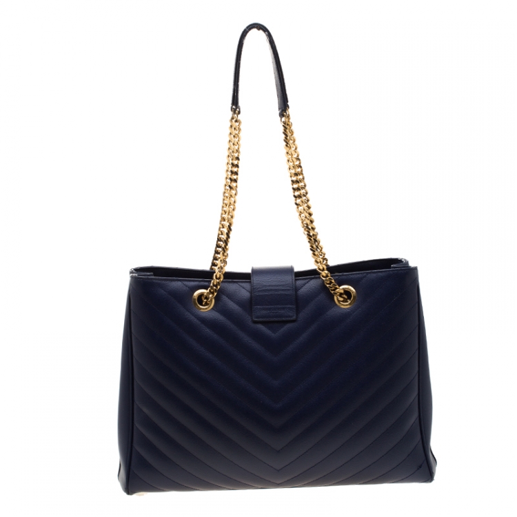 Pre Owned Saint Laurent Blue Matelasse Leather Cassandre Shopper Tote