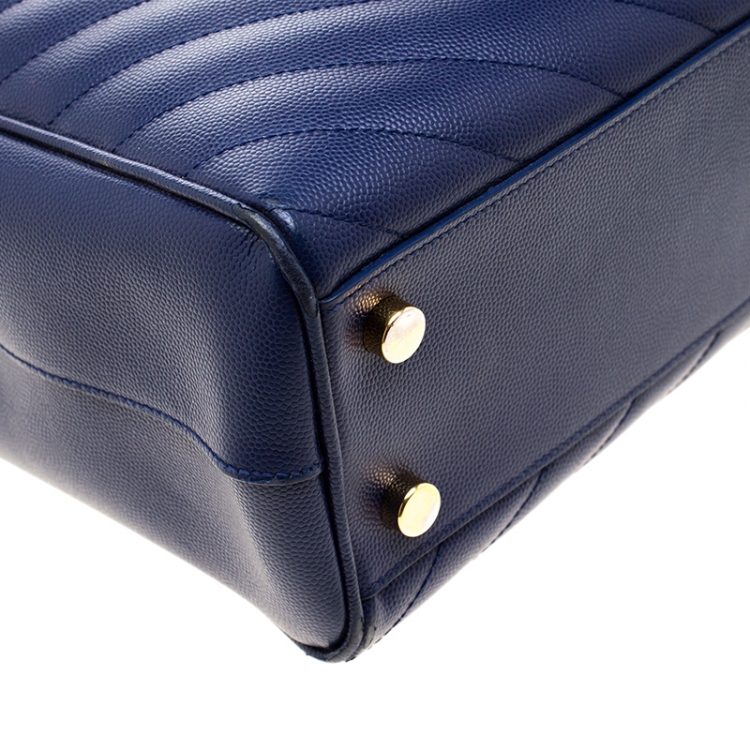 Pre Owned Saint Laurent Blue Matelasse Leather Cassandre Shopper Tote