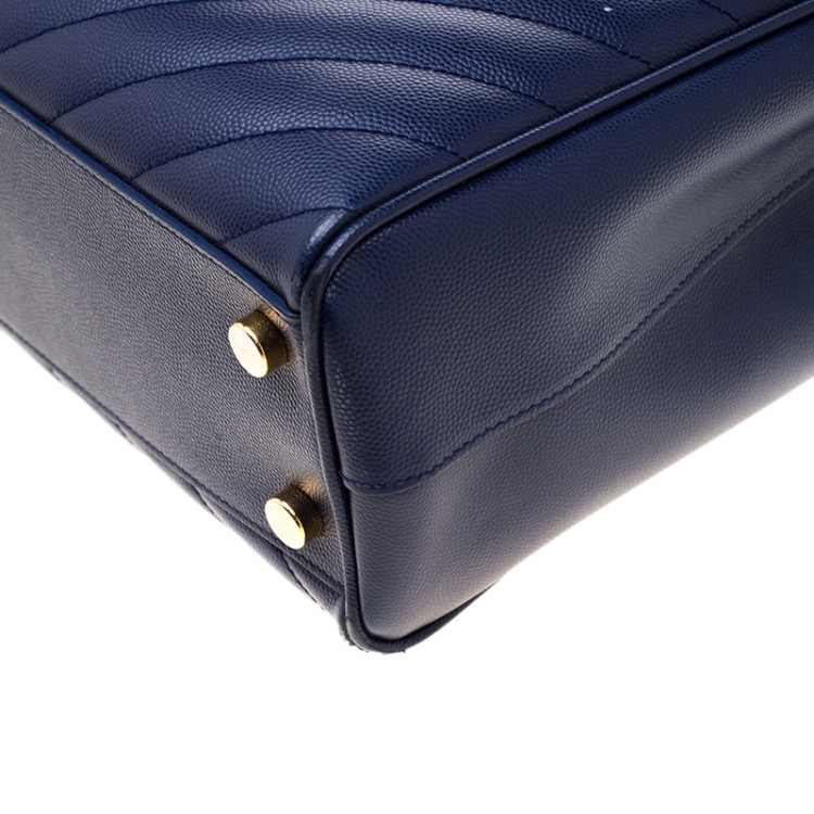 Pre Owned Saint Laurent Blue Matelasse Leather Cassandre Shopper Tote