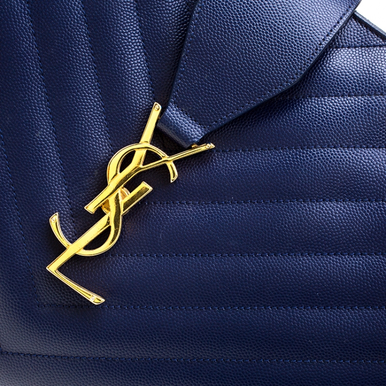 Pre Owned Saint Laurent Blue Matelasse Leather Cassandre Shopper Tote
