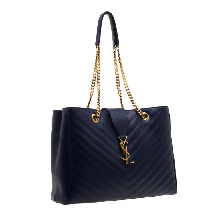 Pre Owned Saint Laurent Blue Matelasse Leather Cassandre Shopper Tote