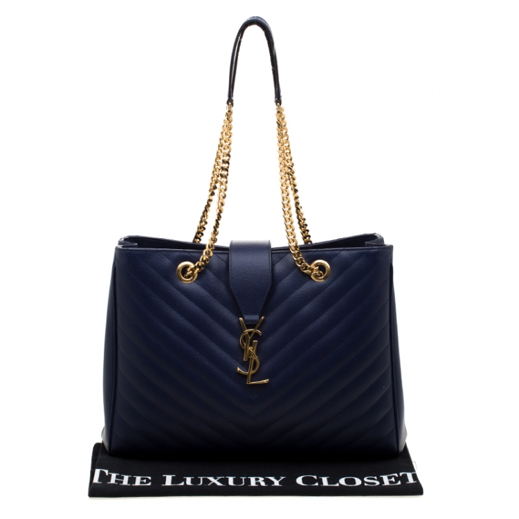 Pre Owned Saint Laurent Blue Matelasse Leather Cassandre Shopper Tote