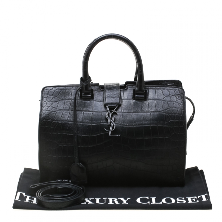 Pre Owned Saint Laurent Black Croc Embossed Leather Small Monogram Cabas Tote