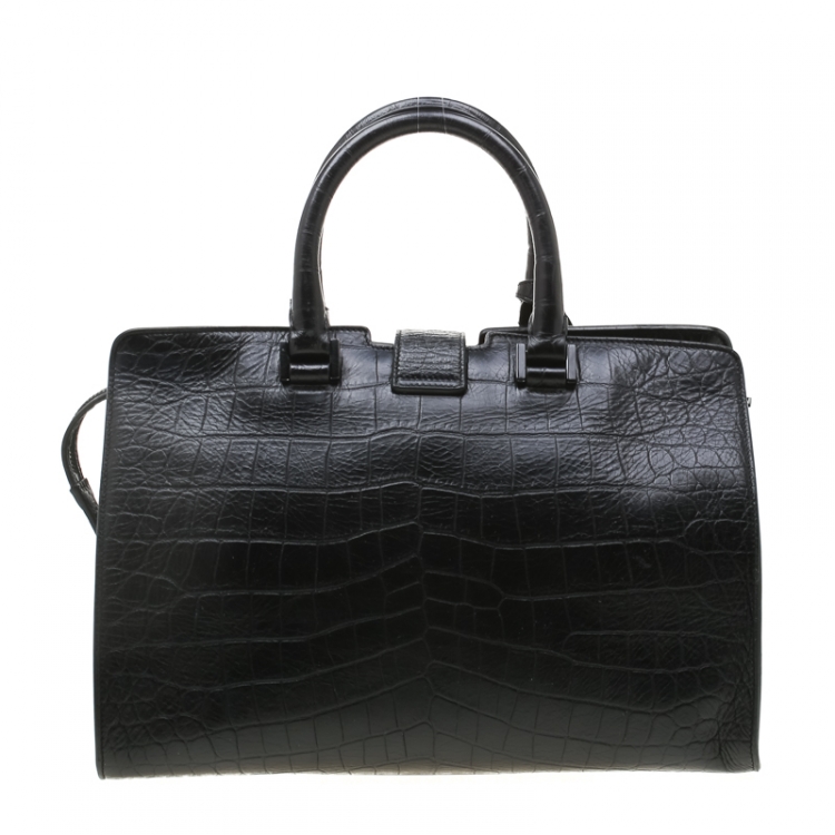 Pre Owned Saint Laurent Black Croc Embossed Leather Small Monogram Cabas Tote