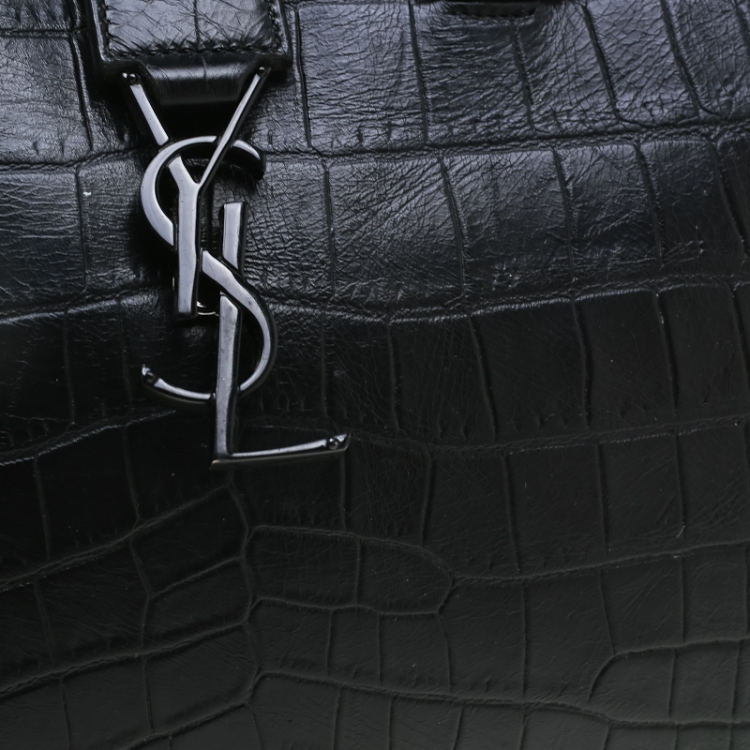 Pre Owned Saint Laurent Black Croc Embossed Leather Small Monogram Cabas Tote