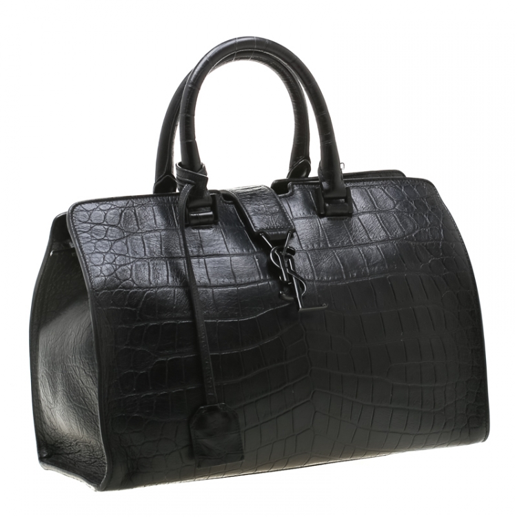 Pre Owned Saint Laurent Black Croc Embossed Leather Small Monogram Cabas Tote