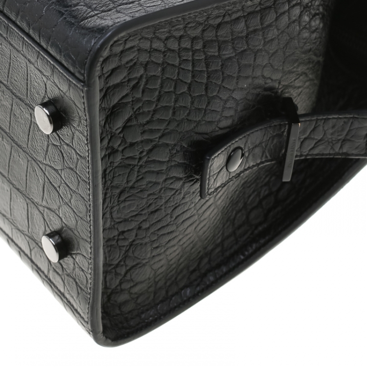 Pre Owned Saint Laurent Black Croc Embossed Leather Small Monogram Cabas Tote