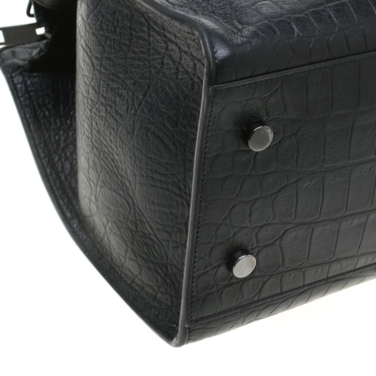 Pre Owned Saint Laurent Black Croc Embossed Leather Small Monogram Cabas Tote