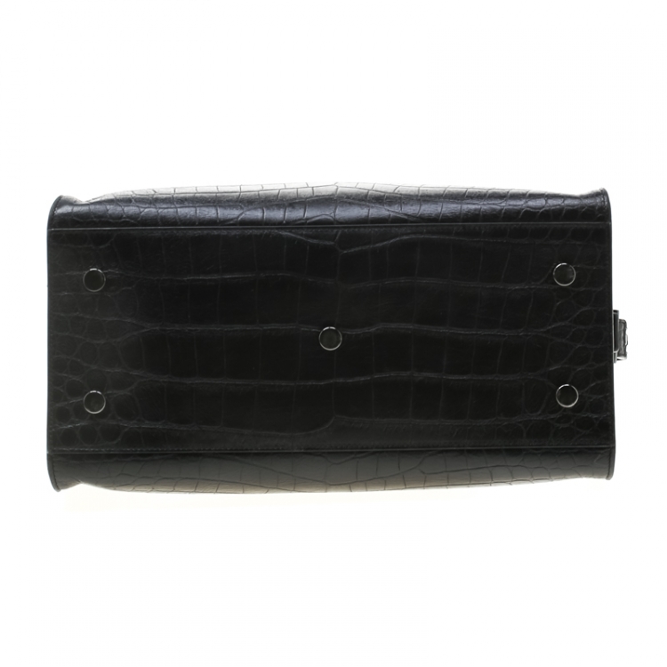 Pre Owned Saint Laurent Black Croc Embossed Leather Small Monogram Cabas Tote