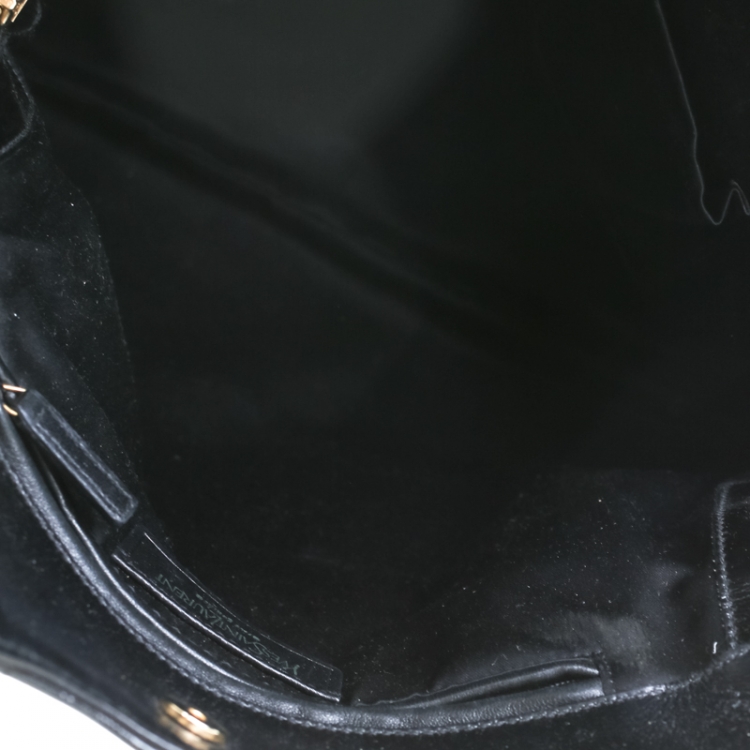 Pre Owned Saint Laurent Black Glazed Leather Croc Embossed Small Tribute Tote