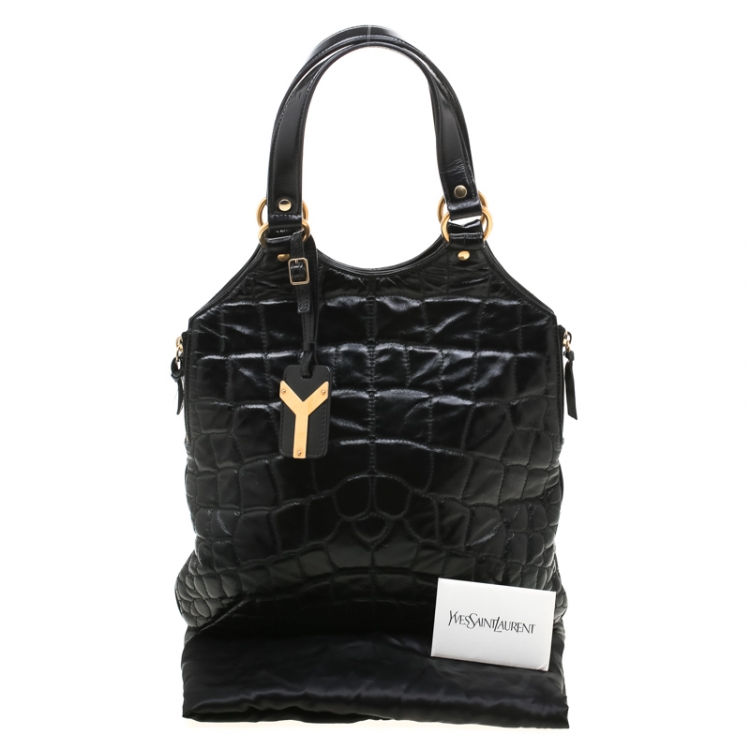 Pre Owned Saint Laurent Black Glazed Leather Croc Embossed Small Tribute Tote