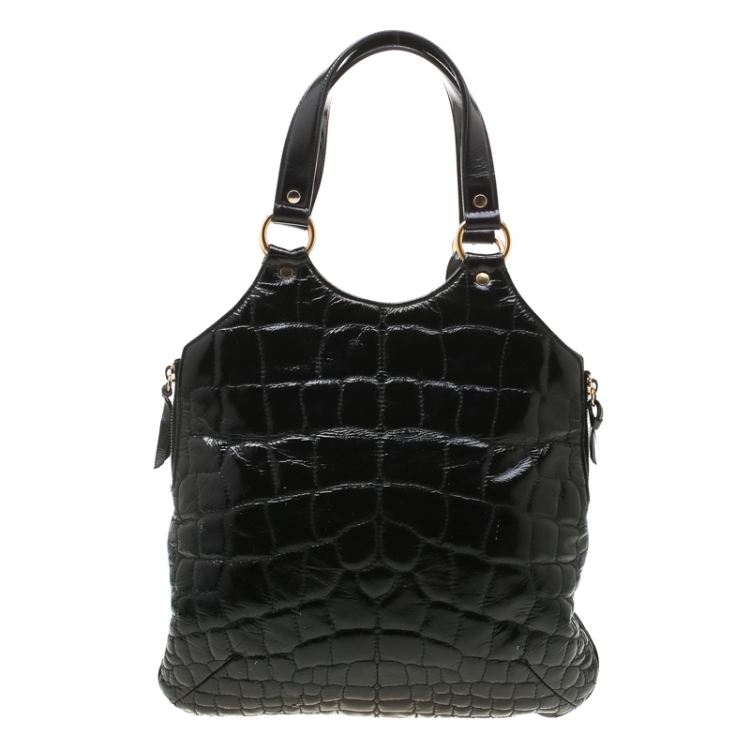 Pre Owned Saint Laurent Black Glazed Leather Croc Embossed Small Tribute Tote
