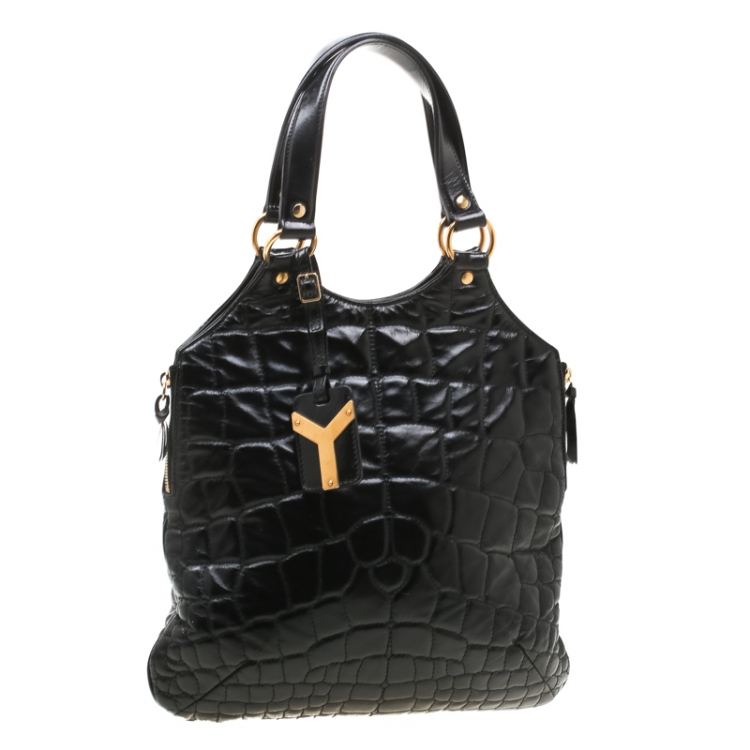 Pre Owned Saint Laurent Black Glazed Leather Croc Embossed Small Tribute Tote