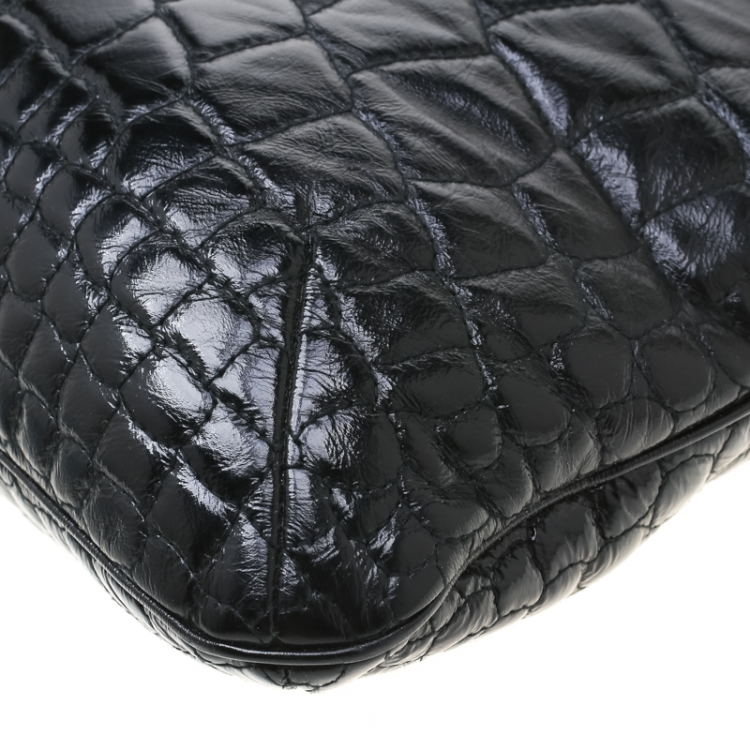 Pre Owned Saint Laurent Black Glazed Leather Croc Embossed Small Tribute Tote